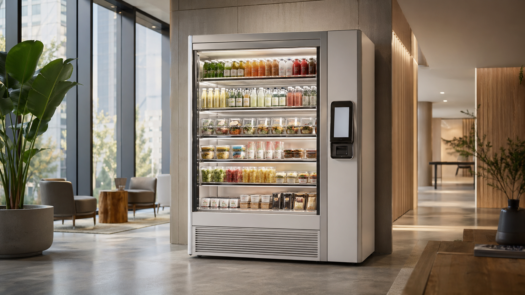 A premium smart cooler micromarket placed in an upscale lobby.